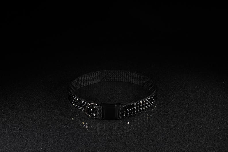 K&ouml;nnte beinhalten: Ein schwarzes Haustierhalsband mit einem verzierten Design. Das Halsband besteht aus einem gewebten Material und verf&uuml;gt &uuml;ber eine Metallschnalle und einen D-Ring zum Anbringen einer Leine. Das Halsband ist etwa 2.5 cm breit.