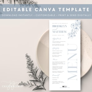 Light Blue Wedding Dinner Menu Dusty Blue Wedding Menu Minimalist Wedding Menu Modern Weddings Botanical Wedding Editable Template Menu
