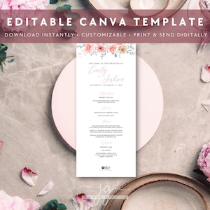 Watercolor Spring Garden Wedding Dinner Menu Summer Wedding Dinner Menu Blush Pink Beige Menu Editable Canva Template Custom Dinner Menu