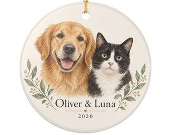 Two-Pet Portrait Ornament from Photos, Personalized Dog or Cat Family Keepsake