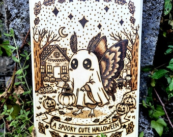 May include: A rectangular wooden plaque featuring a pyrography illustration of a moth-like creature wearing a ghost costume, holding a pumpkin bucket. The scene includes a house, trees, pumpkins, stars, and the text A SPOOKY CUTE HALLOWEEN.