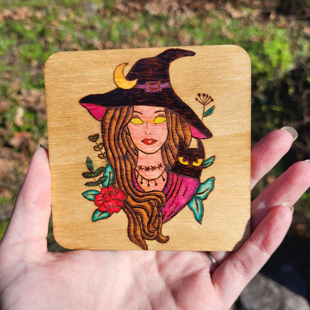 Hand Wood Burned Witch Decorative Display Piece With Mini Easel ...