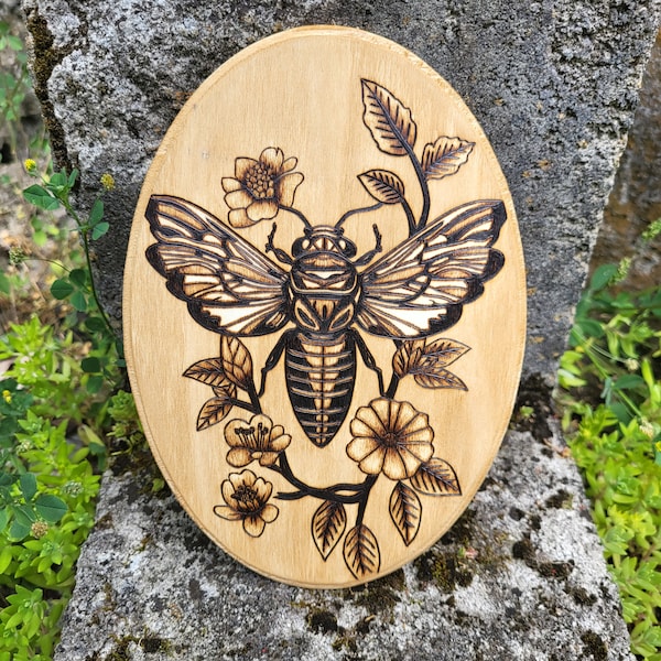 Wood Burned Cicada Wall Hanging: Pyrography Art, Floral Accent