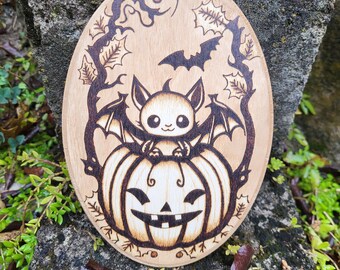 Made to Order. Hand Wood Burned Kawaii Alien With Pumpkin Wall Hanging ...