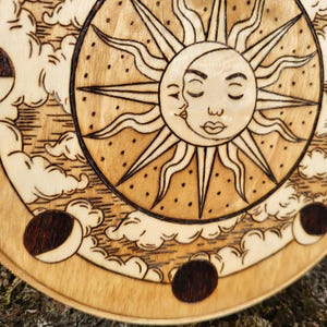 Wood Burned Moon Phase Wall Hanging, Celestial Sun Decor - Etsy