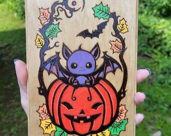 Wood-Burned Kawaii Bat in Pumpkin Wall Hanging, Spooky Gothic Decor