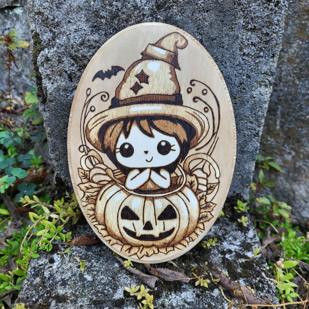 Wood Burned Kawaii Witch in Pumpkin, Halloween Wall Hanging - Etsy
