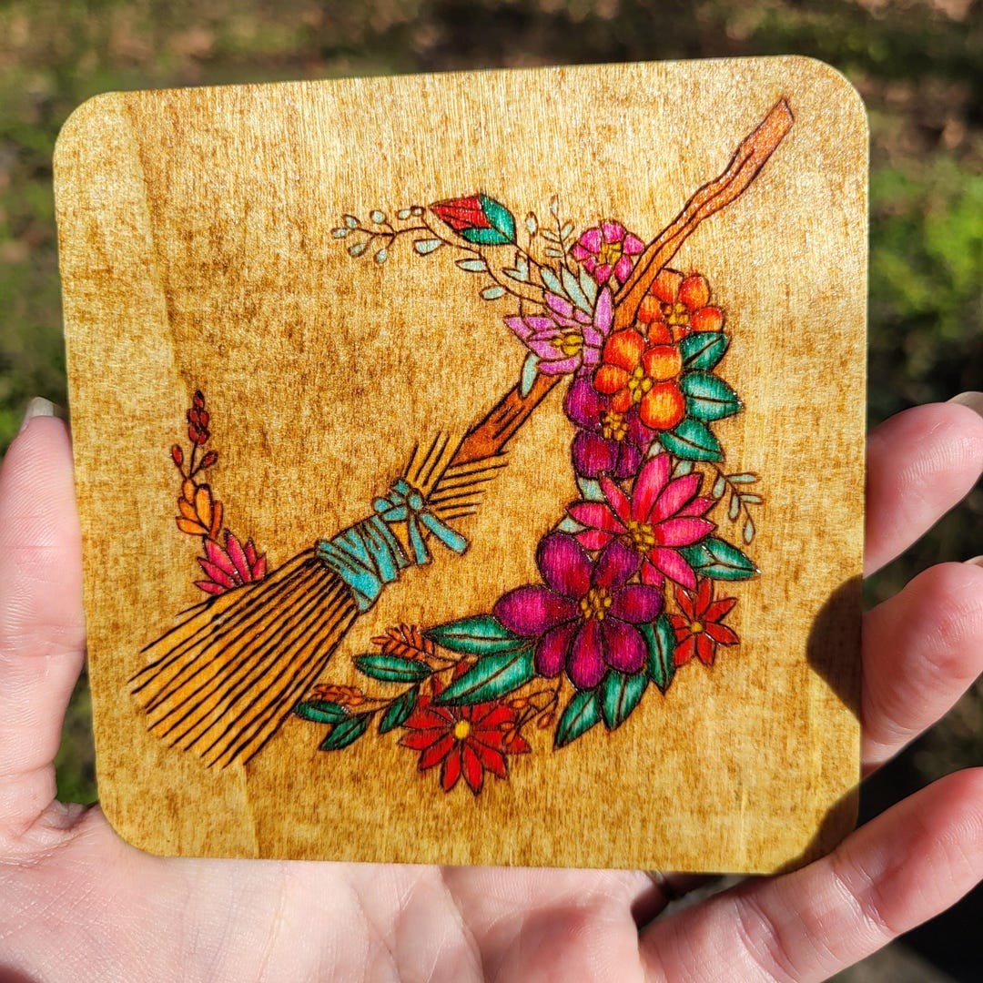 Hand Wood Burned Floral Moon and Broom Display Piece With Mini Easel ...