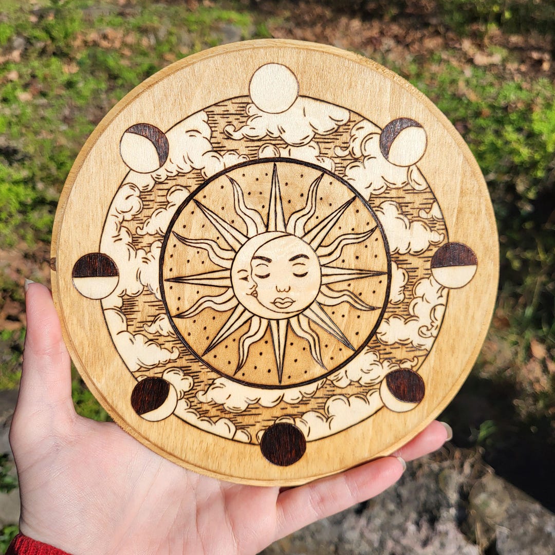 Wood Burned Moon Phase Wall Hanging, Celestial Sun Decor - Etsy