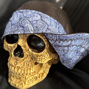 May include: A decorative skull with intricate floral carvings, wearing a dark brown hat with a blue paisley patterned brim. The skull has black eye sockets and a detailed, aged appearance.