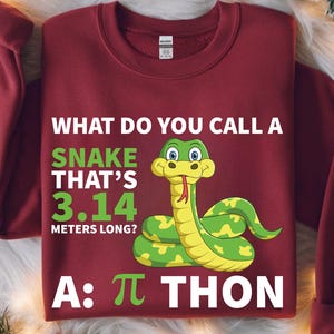 May include: A maroon sweatshirt with the text "WHAT DO YOU CALL A SNAKE THAT'S 3.14 METERS LONG? A: π THON" and a cartoon snake illustration. The design is in white and green.