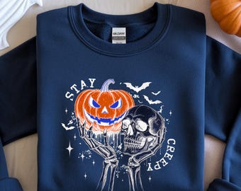 Stay Creepy Halloween Sweatshirt, Spooky Pumpkin Skull Shirt, Scary Unisex Hoodie for Fall