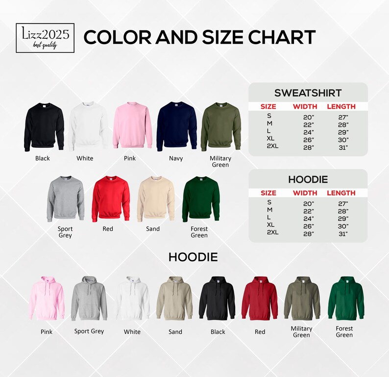 a color chart of men's sweaters and hoodies