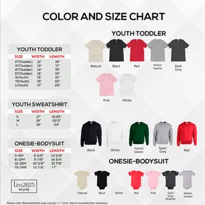 The image is a color and size chart for youth toddler clothing, including a variety of shirts, sweatshirts, and oneies-bodysuits in different sizes and colors.