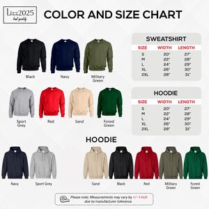 The image is a color and size chart that provides information about various types of sweatshirts and hoodies, including their color options and corresponding sizes.