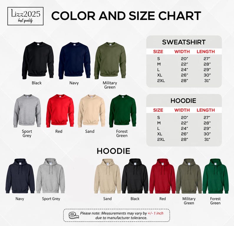 The image is a color and size chart that provides information about various types of sweatshirts and hoodies, including their color options and corresponding sizes.