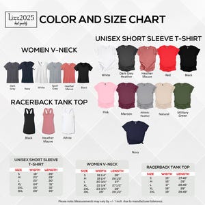The image is a color and size chart that provides a visual representation of various short sleeve t-shirt designs, including women's v-neck and racerback tank tops. The chart includes different color options and sizes for both short sleeve t-shirts and racerback tank tops. The chart is designed to help customers quickly identify and choose the desired design based on their preferences and body measurements.