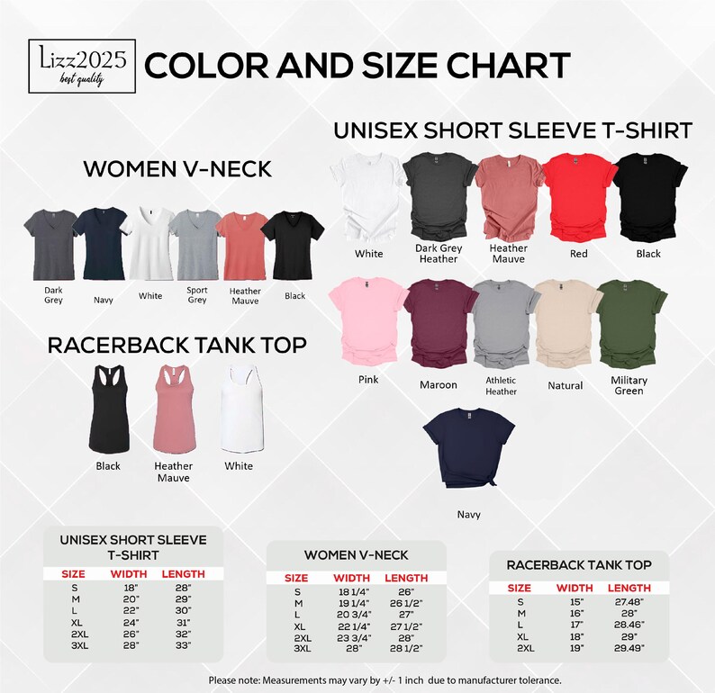 The image is a color and size chart that provides a visual representation of various short sleeve t-shirt designs, including women's v-neck and racerback tank tops. The chart includes different color options and sizes for both short sleeve t-shirts and racerback tank tops. The chart is designed to help customers quickly identify and choose the desired design based on their preferences and body measurements.