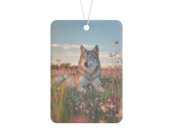 Wolf in Wildflowers Car Air Freshener: Nature Scented Auto Accessory
