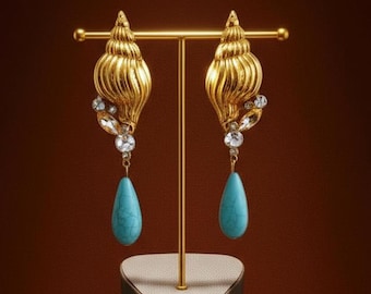 Sirene Shell baumeln Ohrringe | Gold Tone & Türkis Tropfen | Vom Meer inspirierter Statement-Schmuck