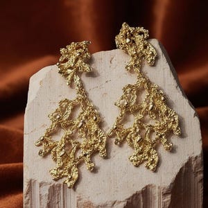 Gold Coral Drop Earrings: Textured Branch Design, Cascading Silhouette, 18K Plated