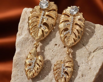 Gold Leaf Dangle Earrings | Crystal Botanical Statement Earrings