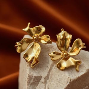 Gold Orchid Statement Earrings: 18K Plated Floral Drop Jewelry