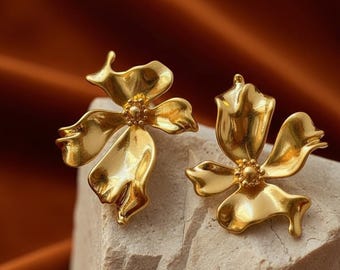 Gold Orchid Statement Earrings: 18K Plated Floral Drop Jewelry