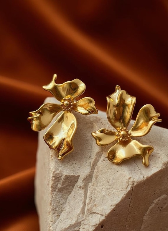 Gold Orchid Statement Earrings: 18K Plated Floral Drop Jewelry