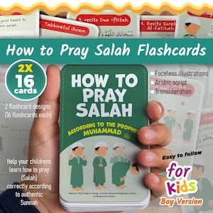 Könnte beinhalten: Ein grünes Karteikartenset mit dem Titel "How to Pray Salah" für Kinder, das in einer Hand gehalten wird. Die Karten zeigen gesichtslose Illustrationen, arabische Schrift und Transliteration. Das Set enthält 16 Karten mit zwei Designs, und der Text "Boy Version" ist sichtbar.