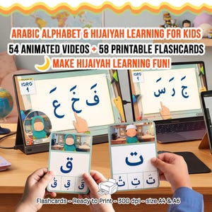 May include: Educational set for Arabic alphabet and Hijaiyah learning featuring 54 animated videos and 58 printable flashcards. The display shows digital screens with Arabic characters and hands holding printed flashcards with blue letters.