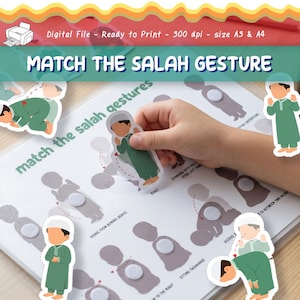 May include: A learning activity featuring a white background with illustrations of Islamic prayer positions. The text "MATCH THE SALAH GESTURE" is displayed in blue. The image includes a child's hand matching a figure to a corresponding position.