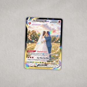 Custom holographic Pokémon-style anniversary card featuring a personalized wedding couple design with rainbow foil effects.