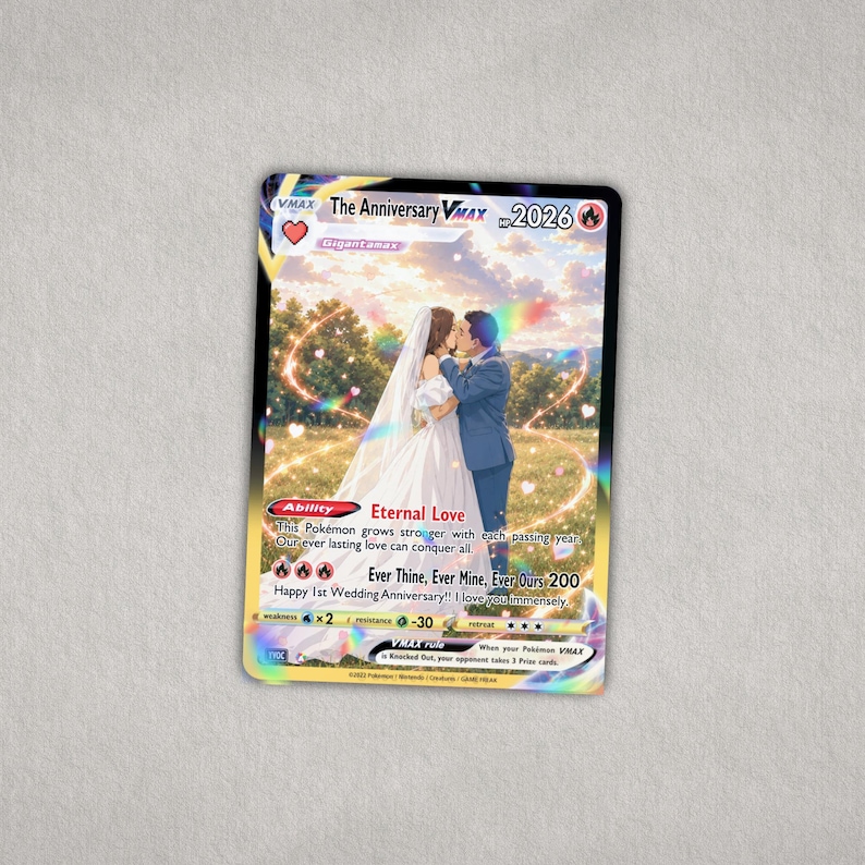 Custom holographic Pokémon-style anniversary card featuring a personalized wedding couple design with rainbow foil effects.