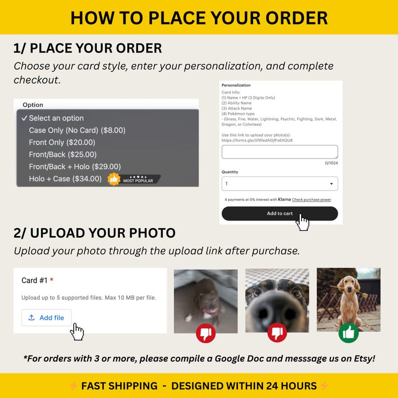 Infographic showing how to order a custom Pokémon style card, including selecting card options, adding personalization, uploading a photo, and completing checkout for a personalized anime trading card gift