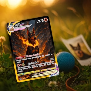 May include: A rectangular trading card featuring a black and tan dog surrounded by orange flames. The card displays the name Sly VMAX, 275 HP, and the ability Molten Loyalty. Text includes Blazing Vow, attack details, and VMAX rule information.