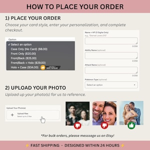 How to order a custom Pokémon-style metal trading card: choose card style, enter personalization details, and upload a clear reference photo