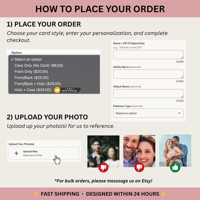 How to order a custom Pokémon-style metal trading card: choose card style, enter personalization details, and upload a clear reference photo