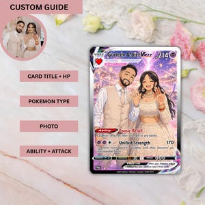 Custom Pokémon-style card personalization guide showing options for card title, HP, Pokémon type, photo, ability and attack on a personalized metal trading card.
