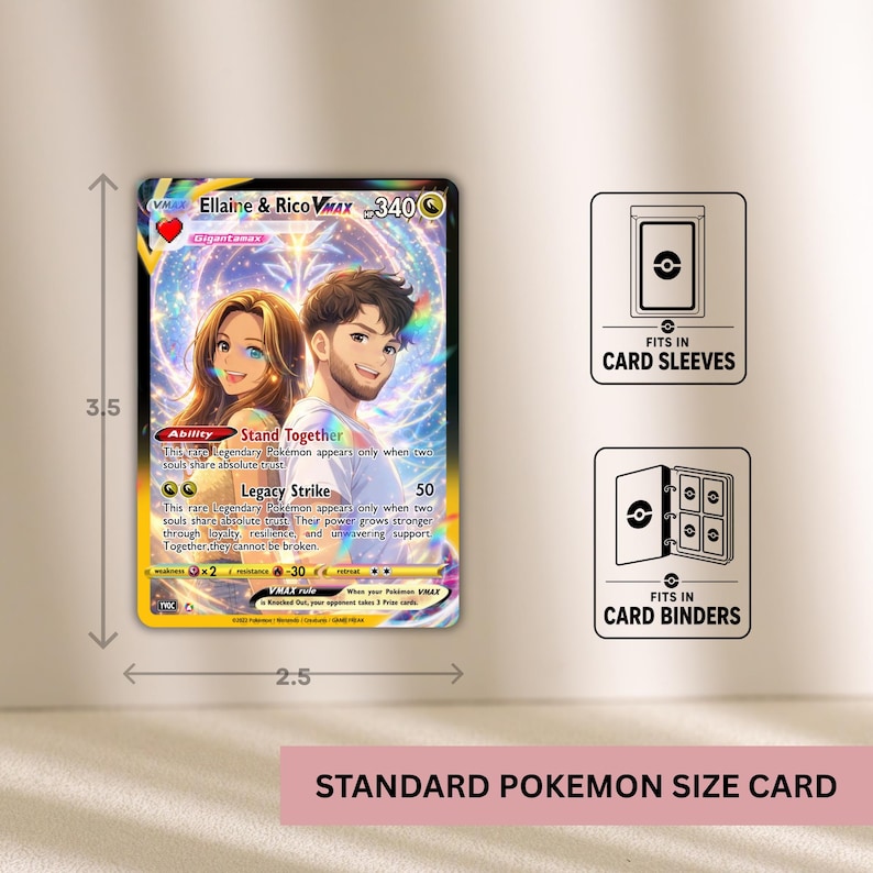 Custom Pokémon-style aluminum trading card size chart, standard 3.5 by 2.5 inch dimensions, compatible with card sleeves and binders