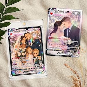 Two custom Pokémon-style aluminum trading cards, one featuring a wedding family portrait and one a close-up couple design, glossy holographic finish