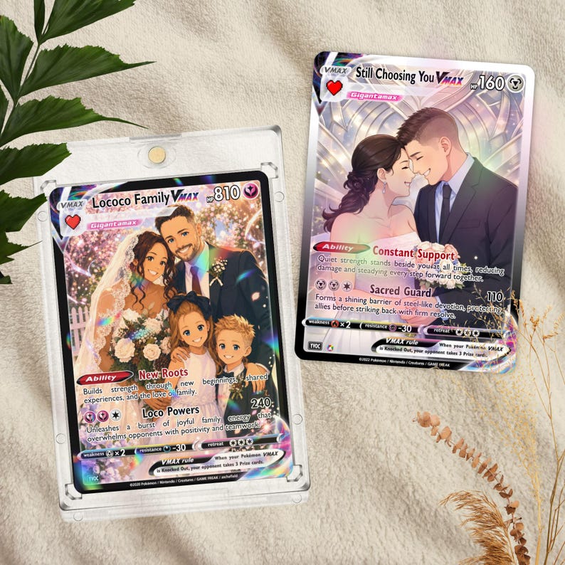 Two custom Pokémon-style aluminum trading cards, one featuring a wedding family portrait and one a close-up couple design, glossy holographic finish