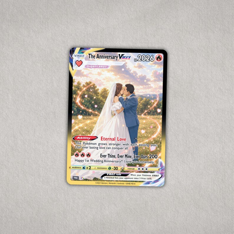 Personalized Pokémon-style anniversary metal card featuring a custom couple wedding design.