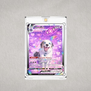 Personalized pet Pokémon-style card in protective display case, custom dog anime trading card gift for pet memorial or birthday