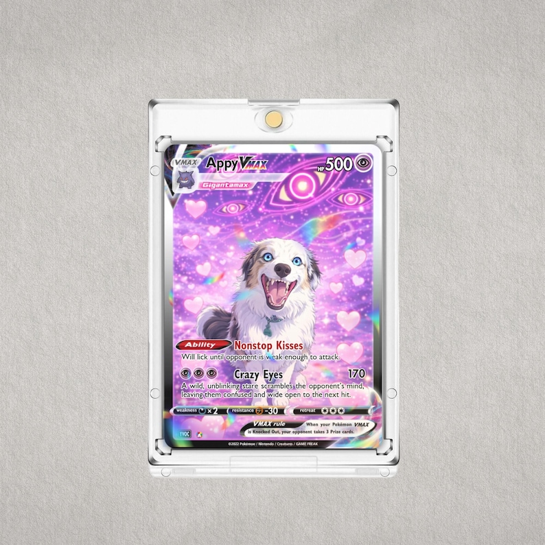 Personalized pet Pokémon-style card in protective display case, custom dog anime trading card gift for pet memorial or birthday