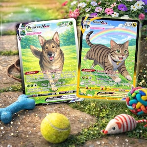 Custom Pokémon style pet cards featuring a dog and cat named Princess and Kike in a garden setting, personalized anime trading card gift for multiple pets