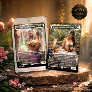 May include: Two custom trading cards titled One Year, Eternal Promise and Hearts Entwined, Everlasting, featuring romantic imagery of couples. The cards are displayed in a clear protective case on a stone surface with floral accents.