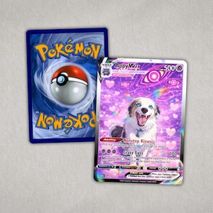 Holographic custom Pokémon-style pet card with rainbow foil effect, personalized dog anime trading card gift for pet owners