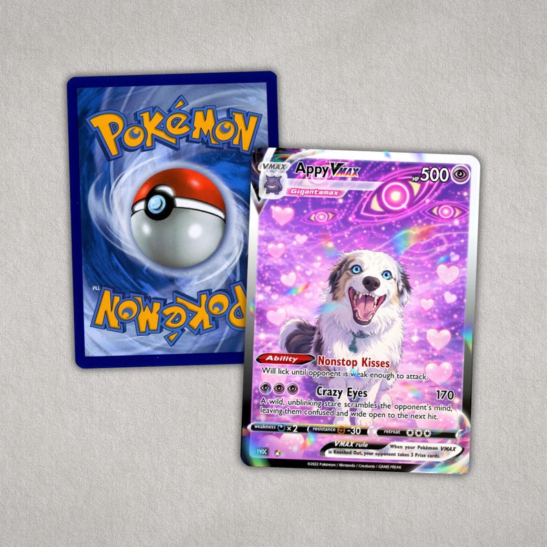 Holographic custom Pokémon-style pet card with rainbow foil effect, personalized dog anime trading card gift for pet owners