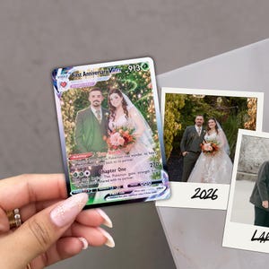 Custom Pokémon-style trading card made from a couple’s wedding photo, personalized as a first anniversary keepsake and romantic gift.